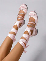 Pink Satin Ballet Style Heels Women Pumps Round Toe Ballerina Ribbon Wrap Leg Tie Up Chunky Block Mid Heel Cosplay Dress Shoes