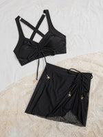 Vintage Black Two Piece Bikini Set 2026 Women Pleate Drawstring Push Up High Waist Skirt Swimwear Beach Bathing Suit Swimsuit