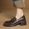 Retro Leather Thick Bottom Slip-On Loafers Women's Shoes round Toe Flat Heel Summer Pure Color Rubber Sole Comfortable Footwear
