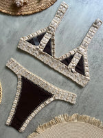 Sexy Black Patchwork Hand Crochet Bikini Set Women 2026 V Neck Push Up Bra Thong Swimsuit Beach Bathing Suit Knitted Swimwear