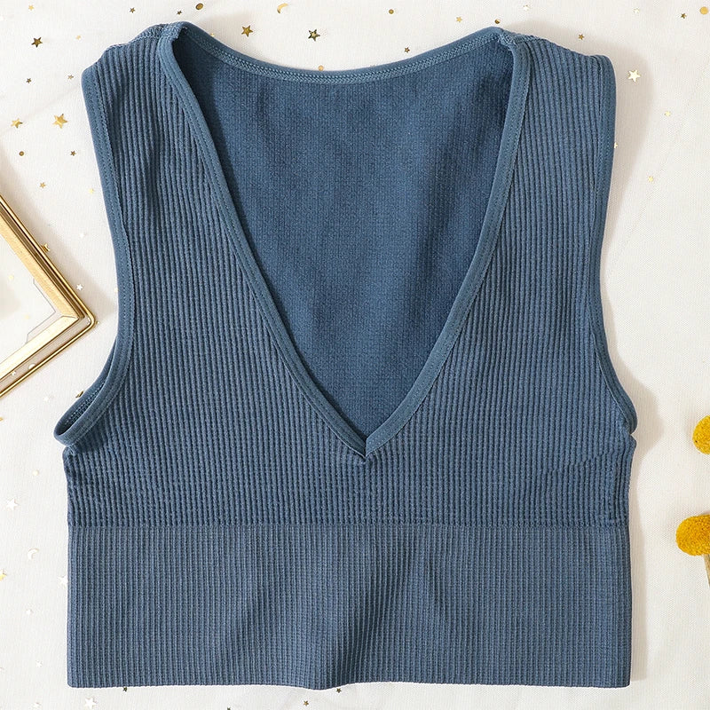Deep V Crop Top Women Bra Top Sexy Lingere Seamless Underwear Female Tanks Top Sleeveless Fitness Top Camisole