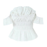 Spring New Style Elegant Ruffled One-shoulder Casual Top Shirt Womens White Off Shoulder Ruffle Waist Short Sleeve Casual OERV