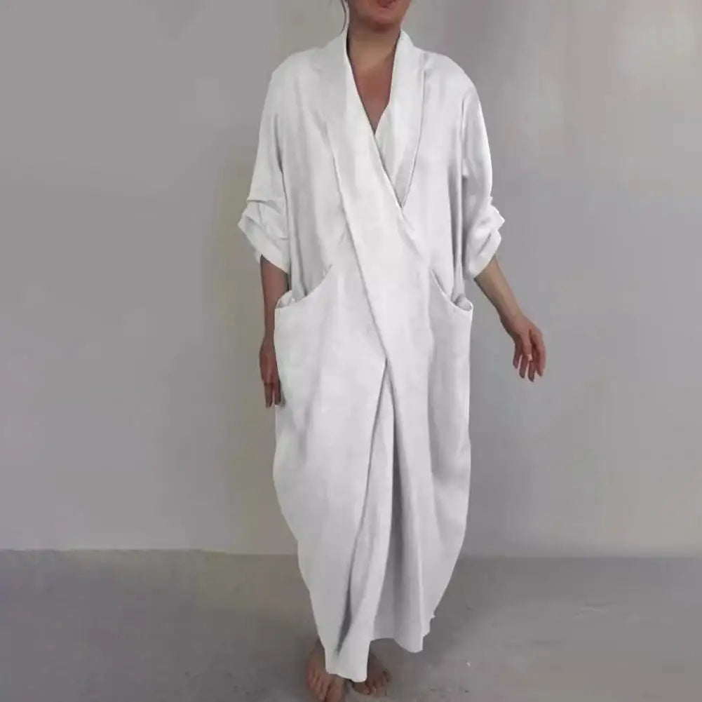 Bohemian Maxi Dress Spring Autumn Maxi Dress Robe Baggy Cross V Neck Large Pocket Retro A-line Casual Party Travel Dress