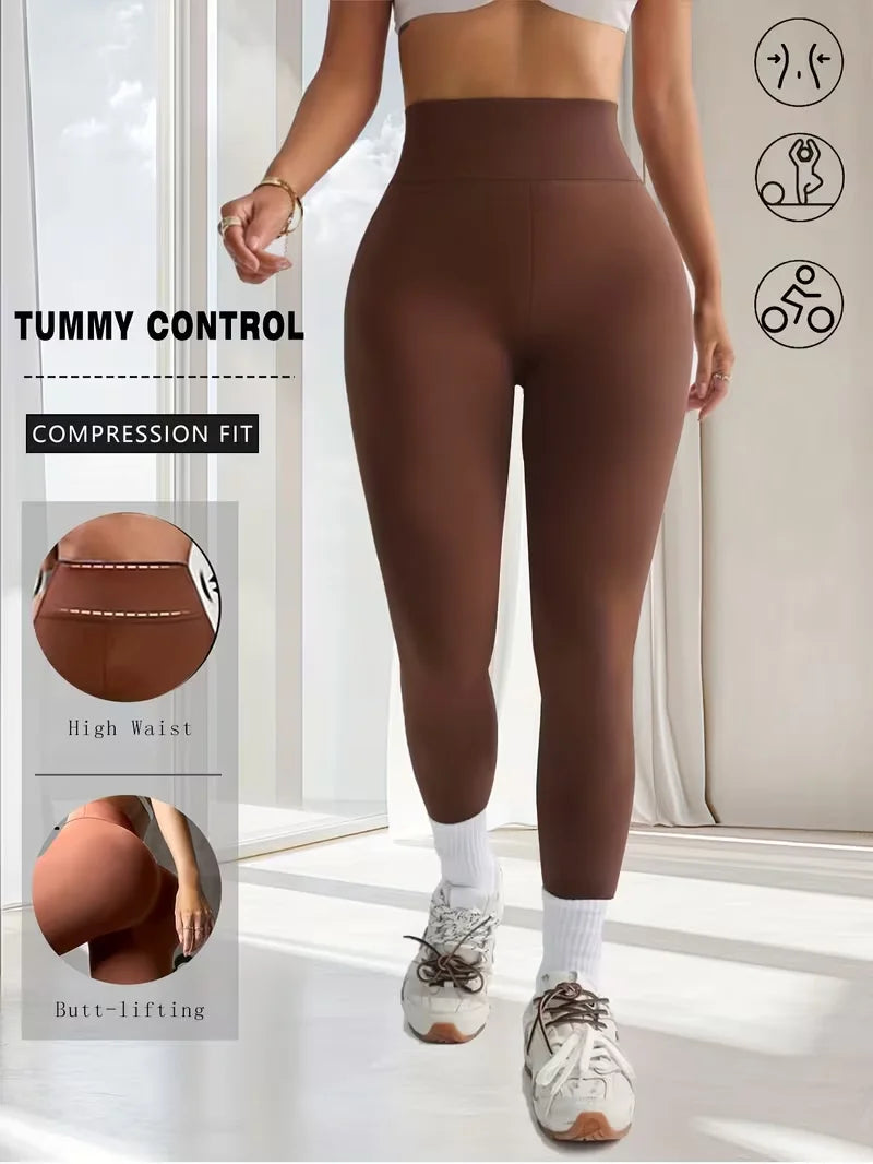 Womens High Waisted Soft Stretch Workout Running Pants4 Season Versatile Brown Leggings Ideal for Gym Yoga Casual Sweatpants