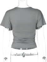 FDYOUI Women's V-neck Ruched Corset T-shirt Casual Sexy Short Sleeve Solid Crop Tops Tees 2026 Summer Female Tunics Slim T-shirt