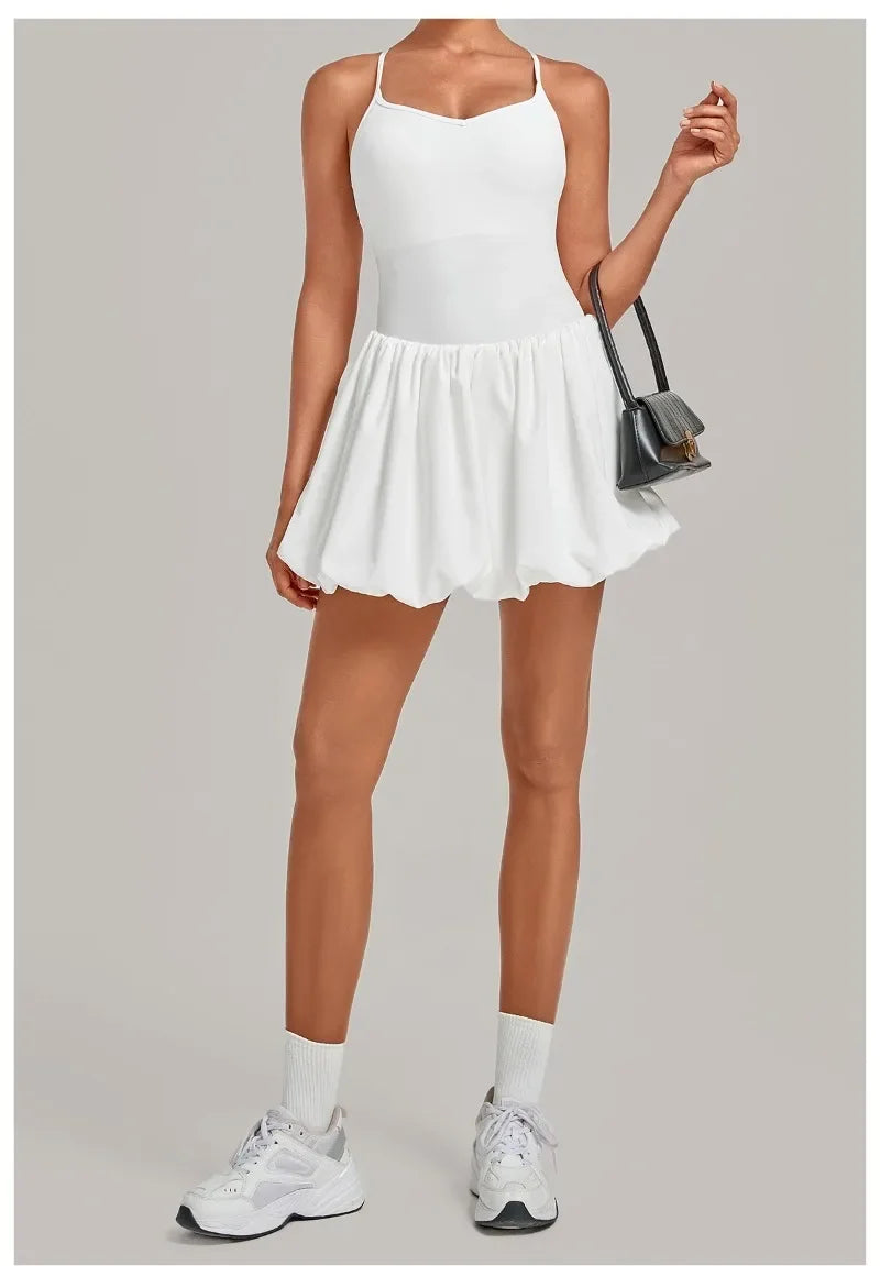Women's Tennis Skirt Dress Sports Fitness Golf Beautiful Back Slim-fit One-Piece Training Workout Gym Anti-exposure Yoga Dress
