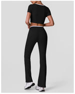 Summer Quick Drying Yoga Sets Women Black Patchwork Short Sleeve Cross Neck Sports Top High Waist Flared Pants Fitness Suits