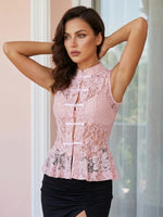 2026 Summer Women's Retro Lace Tops Elegant Mandarin Collar Chinese Frog Buttons Peplum Sleeveless Vest Blouses
