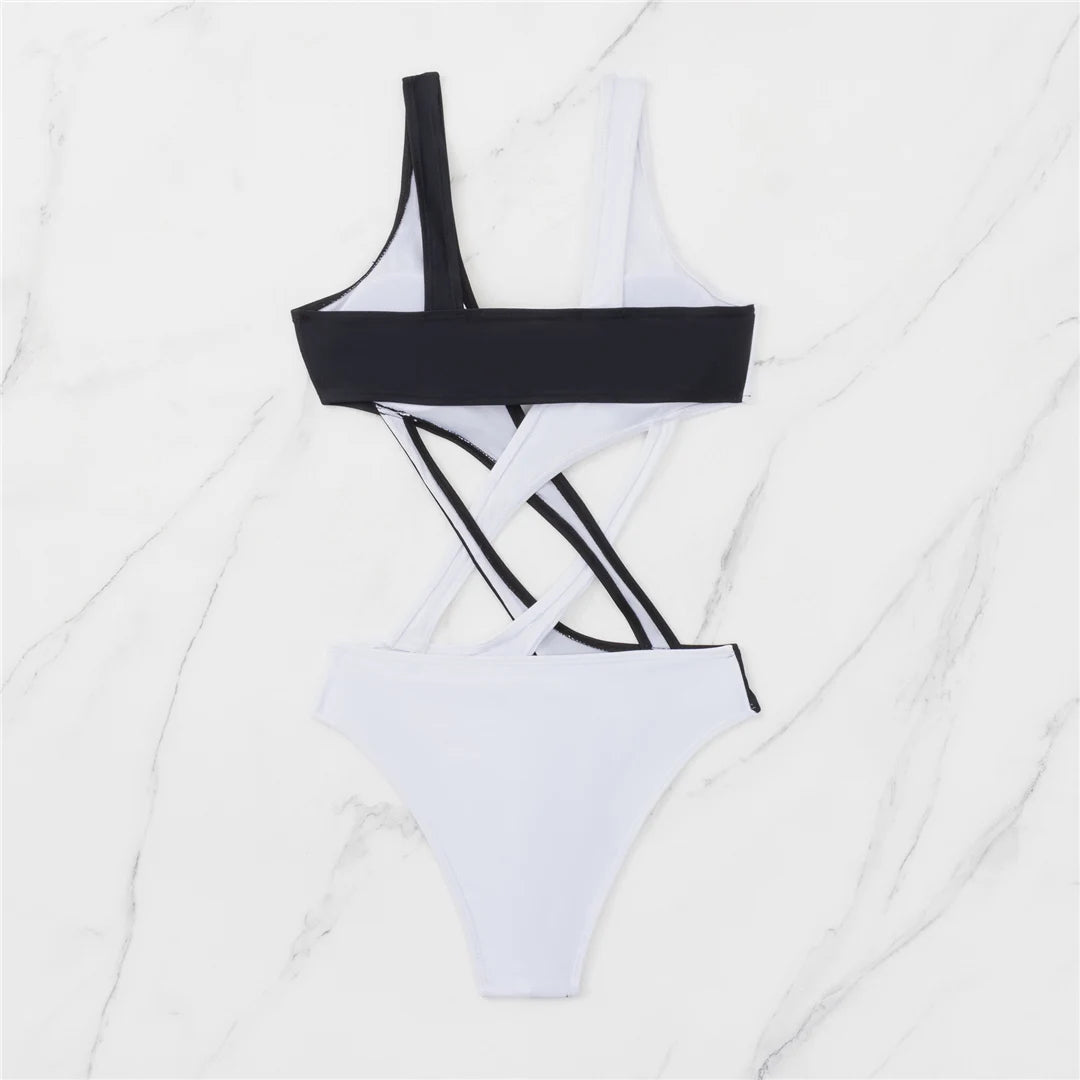 S - XL Splicing V Neck High Leg Cut Women Swimwear One Piece Swimsuit Female Monokini Padded Bather Bathing Suit Swim V5095SW