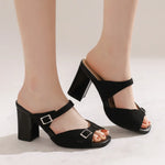 Fashion Leopard Print Square Heel Slippers Summer New Square Toe Metal Buckle Non-slip Wear-resistant Kitten Heel Shoes