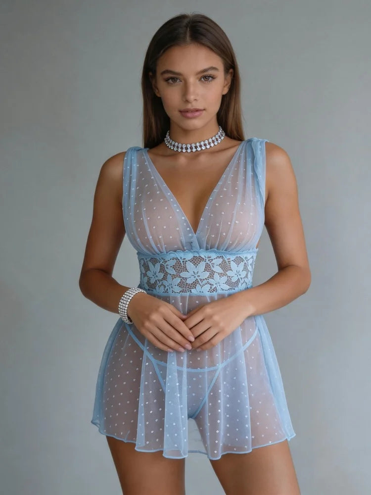 Polka Dot Mesh Babydoll Set V Neck Lace Waist Tie Straps Sheer Sleepwear for Home Lounging Bridal Honeymoon Anniversary Night