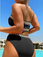 Sexy Bandeau Bikini 2025 Women Black Knit Patchwork Ribbed High Waist Swimsuit Summer Bathing Suit Two Piece Swimwear Biquini