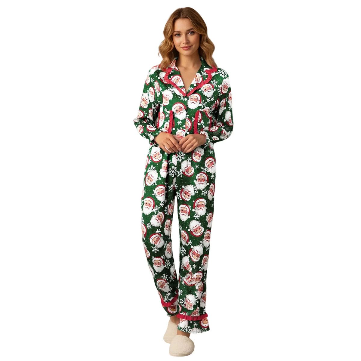 Women's Christmas Pajama Sets Fashionable Lapel V Neck Long Sleeve Printed Tops with Pants 2 Pieces Soft Sleepwear