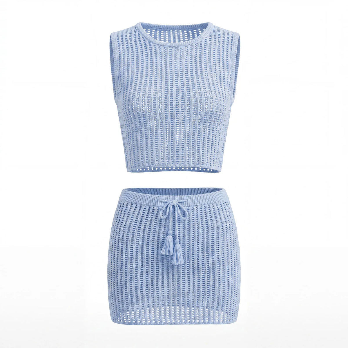Women Hollow Out Knit Cover-ups Outfit See Through Tank Tops and Drawstring Mini Skirt 2 Piece Sets Daily Casual Beach Summer
