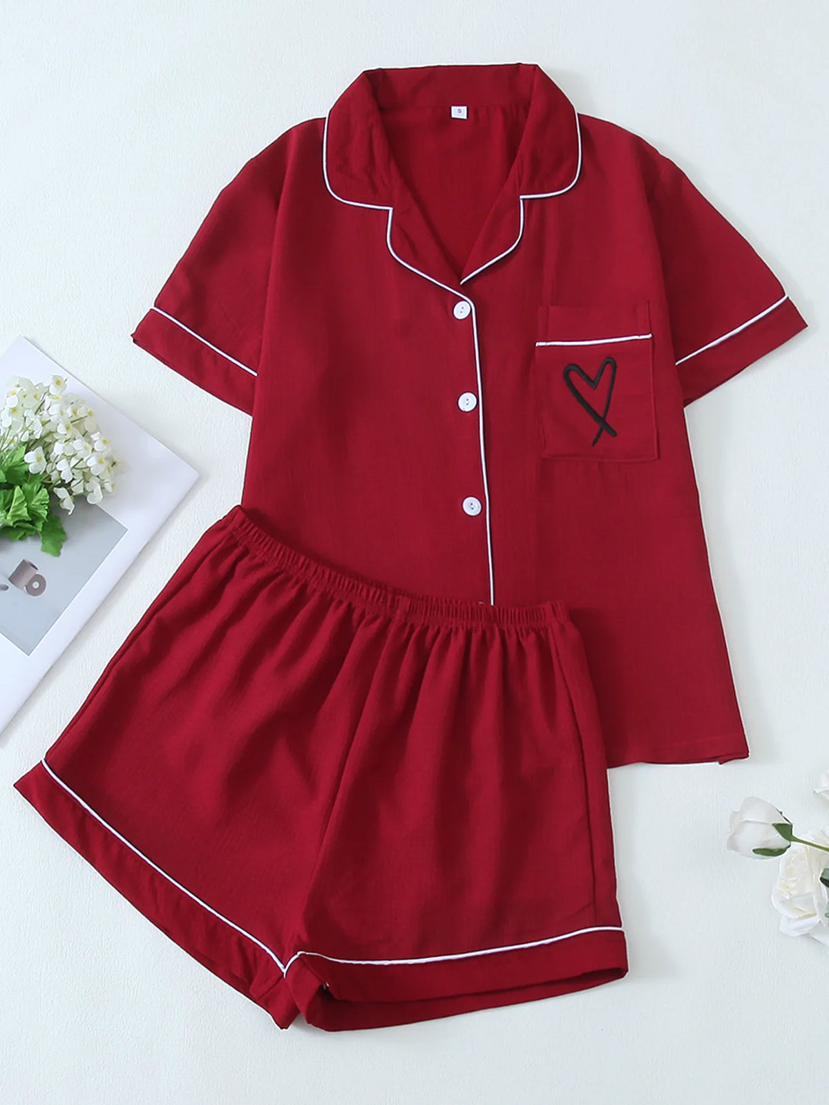 Women's Pajama Pocket Love Printed Pajamas Short Sleeve Top with Shorts Pajama Set Loungewear Pijama Pajamas for Women