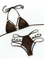 5 Colors Sexy Bikini Women Solid Hollow Swimwear Swimsuit Halter Bikinis Set Bathing Suit Beach Bikini Female Metal Ring Decor