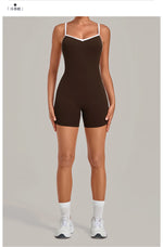 New Tight One-piece Yoga Suit Women Color Contrast Splicing Hollow Back Cross Sports Jumpsuit Outwear Slimming Fitness Bodysuits