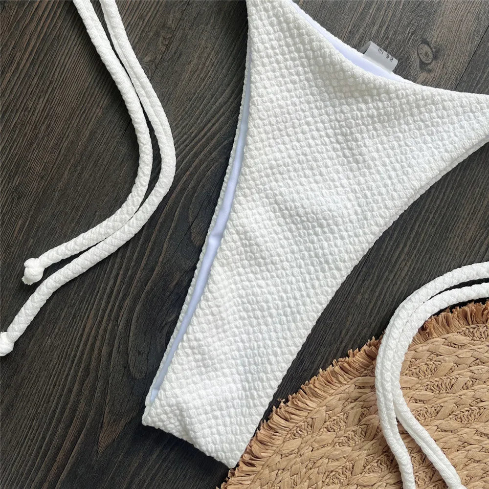 Solid White Texture Metal Ring Swimwear Bandeau Bikini Micro Mini Thong Sexy Swimsuit Women 2026 Bather Brazilian Bikinis Sets