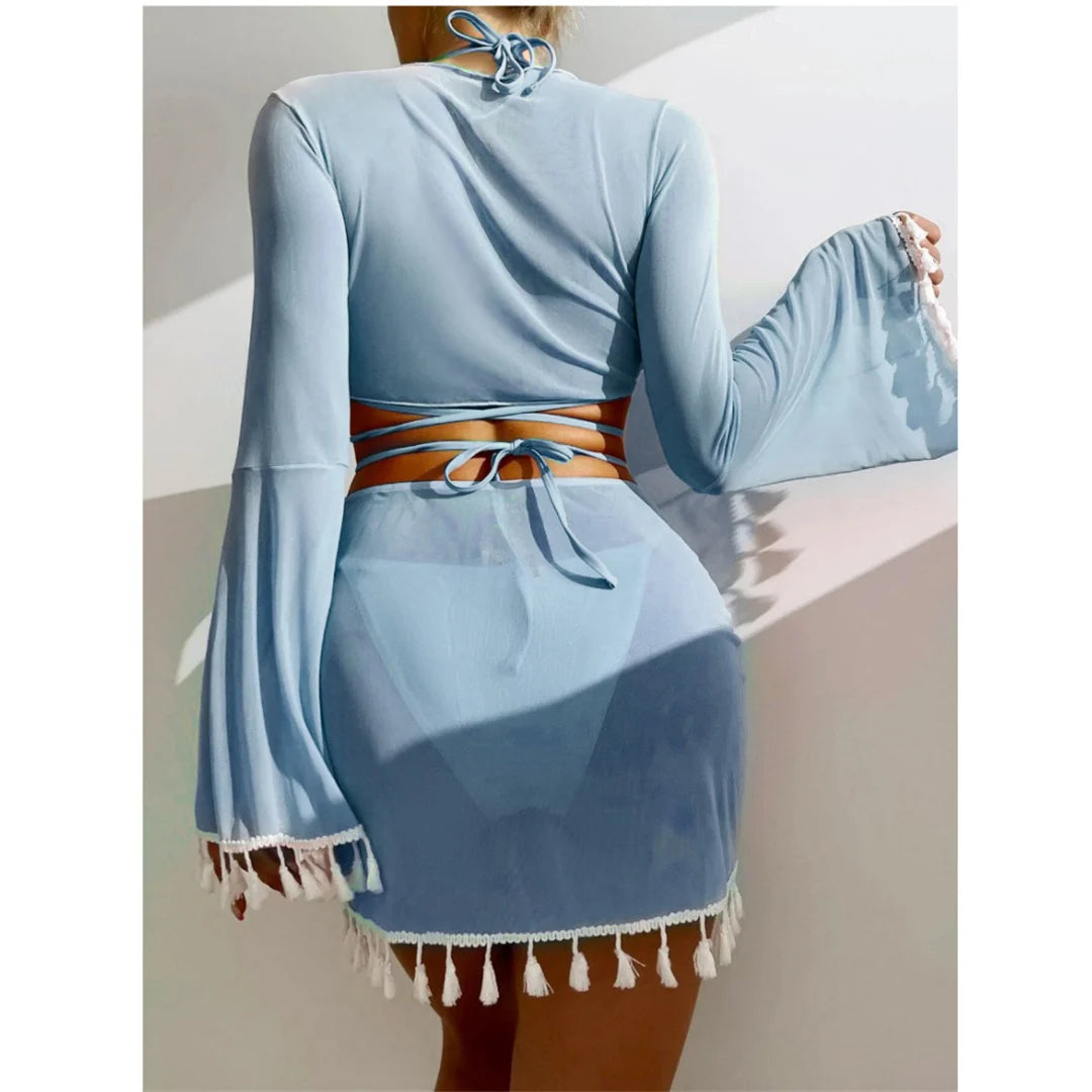 S - XL With Tassel Skirt Long Sleeve Bikini Women Swimwear Female Swimsuit Four-pieces Bikini set Bather Bathing Suit Swim V7060