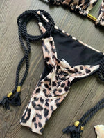 2026 Sexy Leopard Print Swimwear Women'S Split Bikini Set Woven Rope Strap Fringe Beach Women'S Two-Piece Swimsuit Bathing Suit