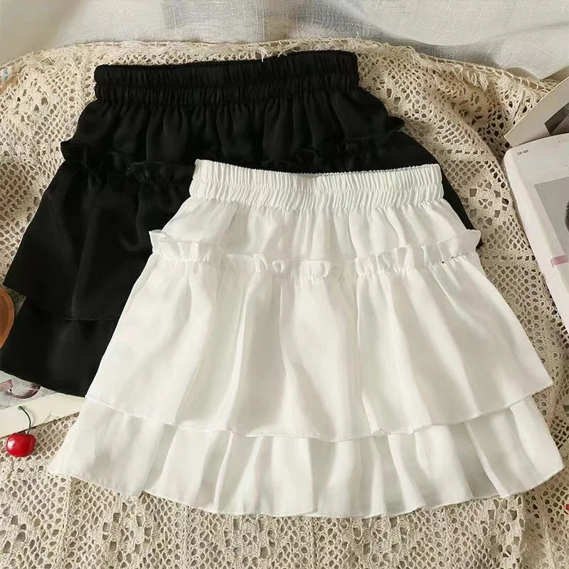 Summer Kawaii White Ruflles Skirt Women Fashion Slim Fit Mini Skirts Giris Y2k All Match Elastic High Waist Black