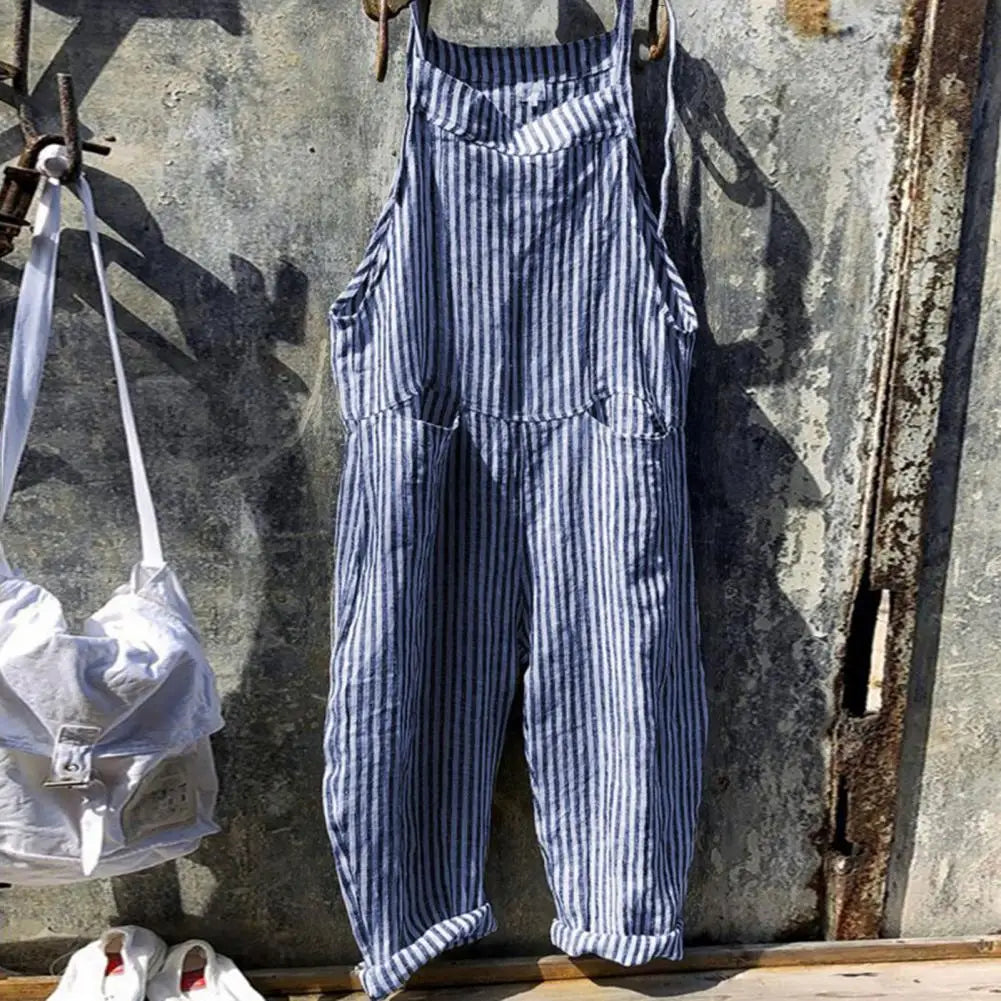 Casual Striped Print Sleeveless Jumpsuit Sling Big Pockets Wide Leg Summer Jumpsuit Women Female Clothing