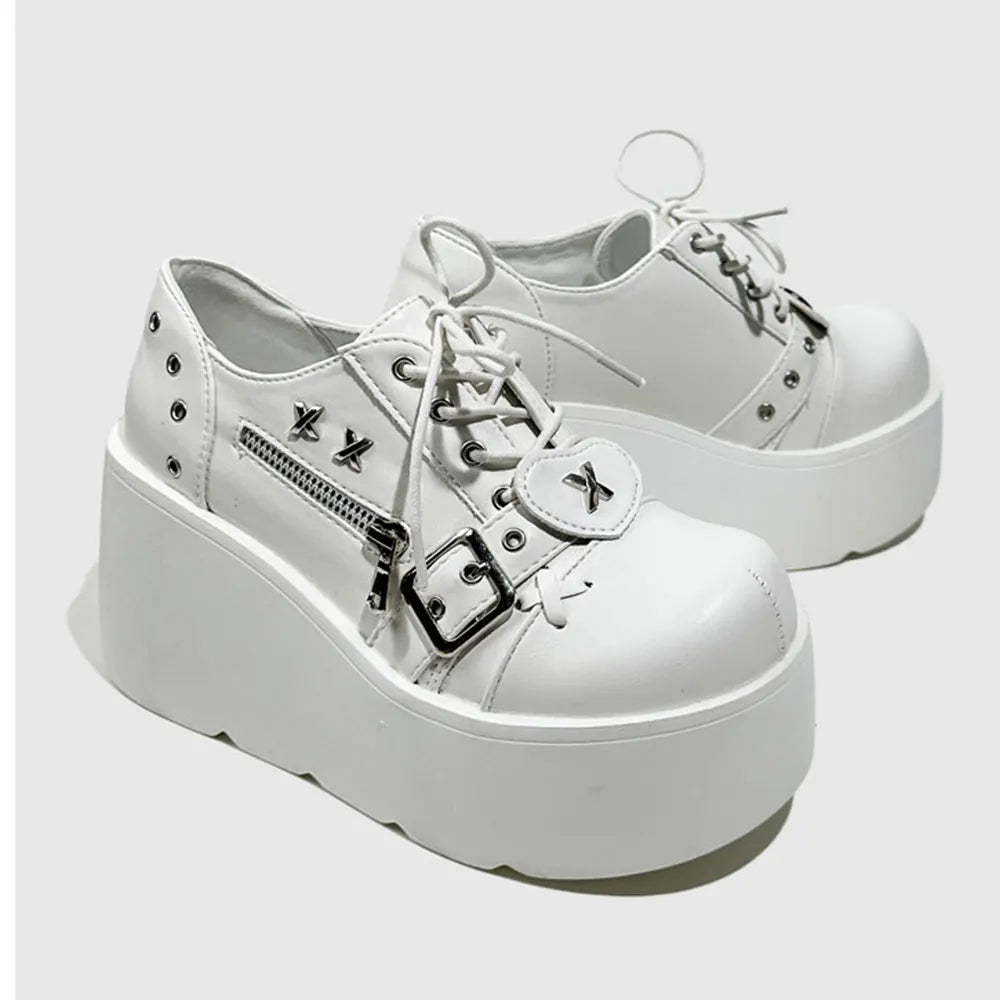 Size 42 Gothic Black Platform Creepers Shoes White Smooth Faux Leather Goth Creepers E-girl Chunky Lace Up Lolita Casual Shoes