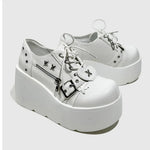 Size 42 Gothic Black Platform Creepers Shoes White Smooth Faux Leather Goth Creepers E-girl Chunky Lace Up Lolita Casual Shoes