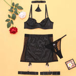 Toucheart Sexy Underwear Set Satin Spliced Mesh See-through Hip-covering Tassel Women's Solid Color 5-piece Sexy Lingerie Set