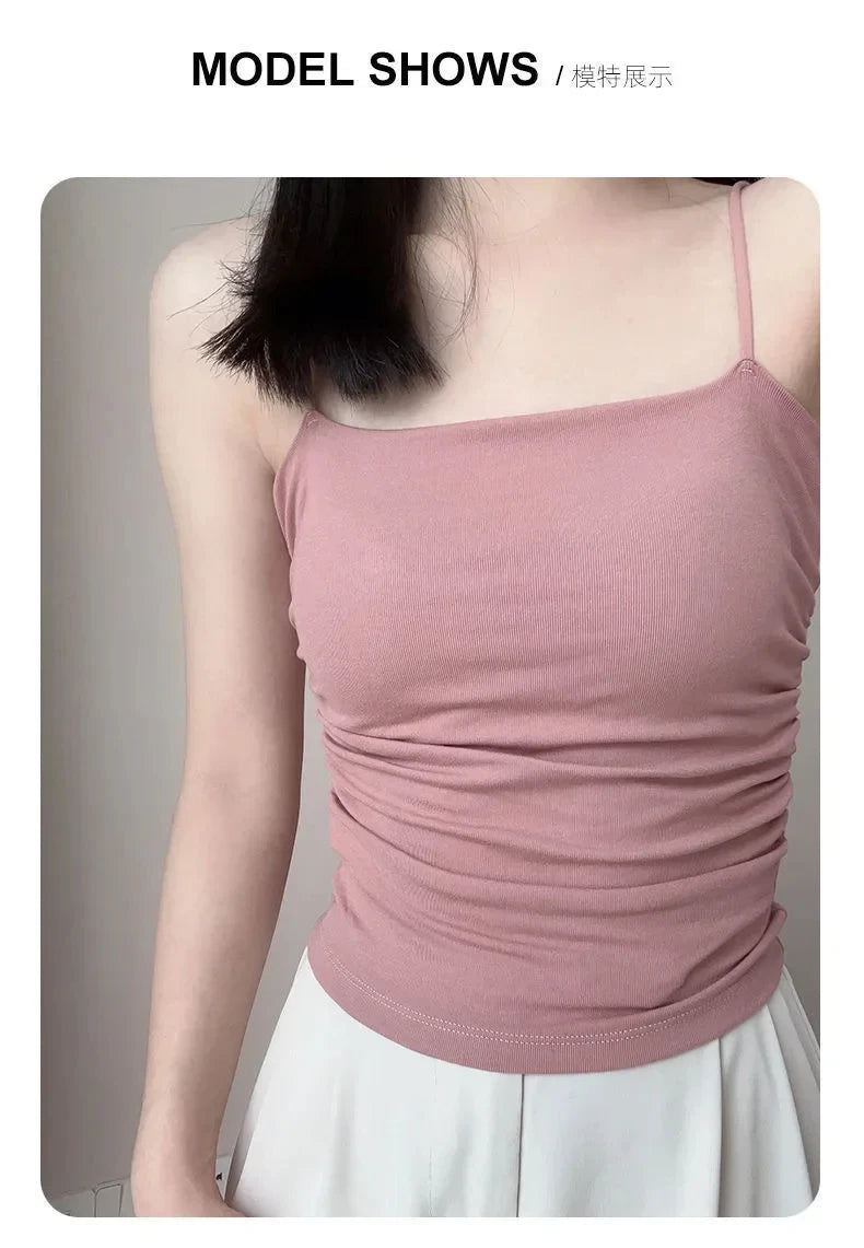 Summer Simple Women's Cotton Sling Camisole Crop Top Sleeveless Shirt Lady Bra Tank Tops Straps Skinny Girls Camisole Base Best