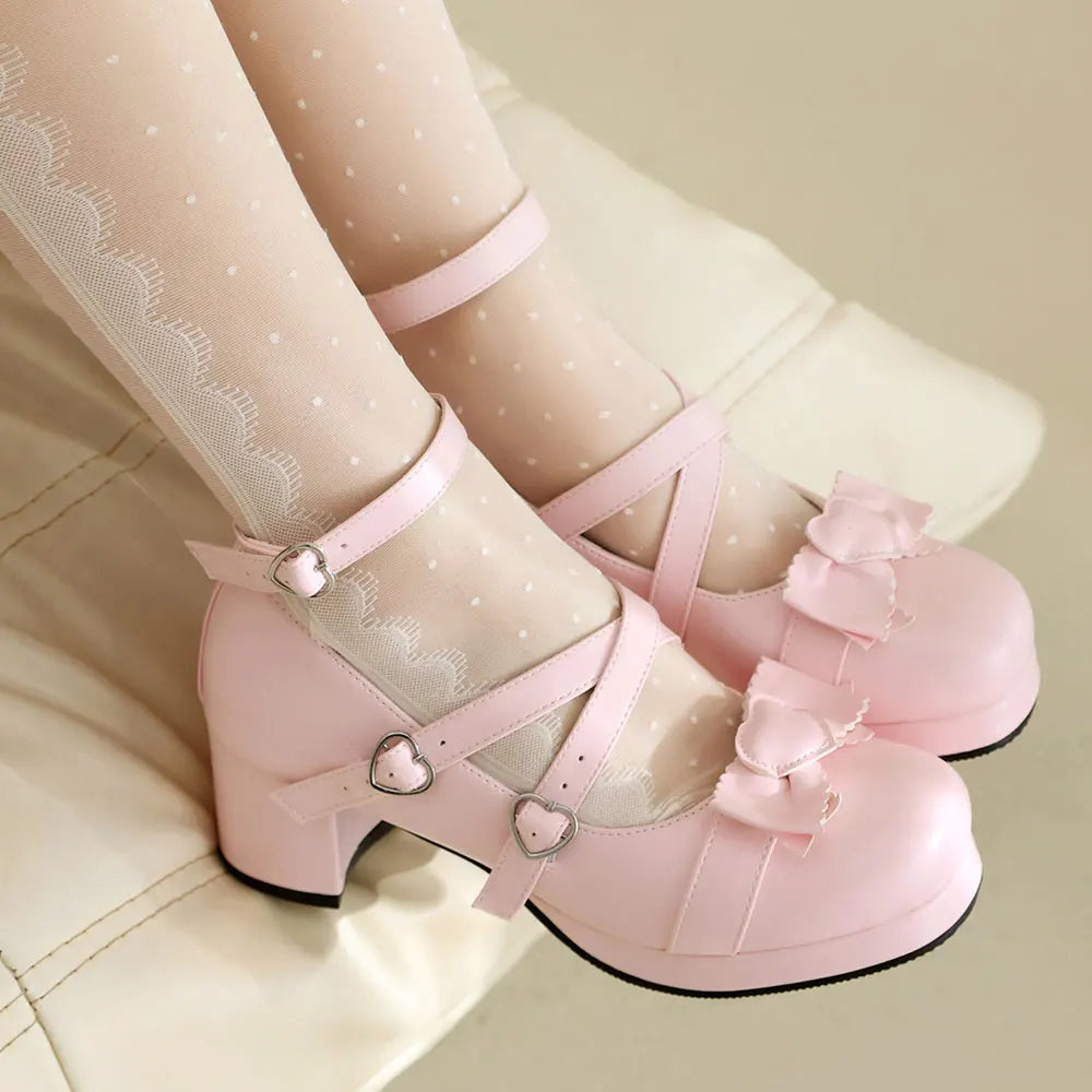 Plus Size 48 Women's Sweet Lolita Mary Jane Heels Pumps Heart Buckle Cross Ankle Strap Bow Platform 5.5cm Block Heel Goth Shoes