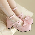 Plus Size 48 Women's Sweet Lolita Mary Jane Heels Pumps Heart Buckle Cross Ankle Strap Bow Platform 5.5cm Block Heel Goth Shoes