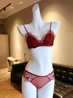MOYISU French Style Sexy Embroidered Lace Bra Set - No Underwire Triangle Cup Small Breasts Underwear for Big Breasts Women