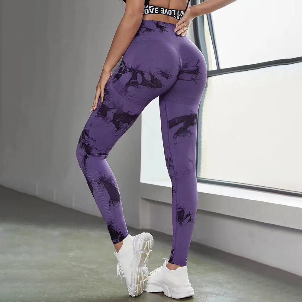 Boho Tie Dye High Waist Knit Elastic Fitness Yoga Tights Butt Lifting Workout Pants for Women