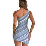 Color Stripe Slim Sleeveless Mini Dresses Women Fashion Sexy Slant Collar Off Shoulder Irregular Package Hip Bodycon Party Dress