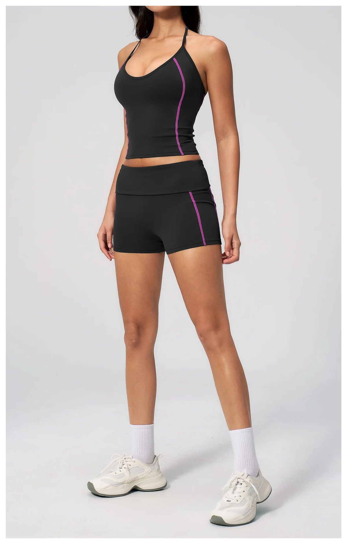 2PCS Women Yoga Sets Color Contrast Hanging Neck V Neck Slimming Sports Tank Top Flip High Waist Shorts Gym Running Fitness Suit