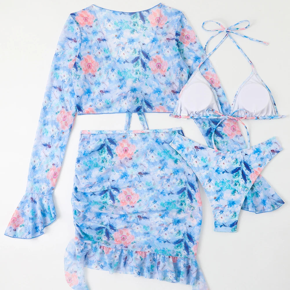 4 Pieces String Bikinis 2026 Women Sexy Swimwear Female Floral Swimsuit Bathers Bathing Swimming Swim Suit Beachwear Summer