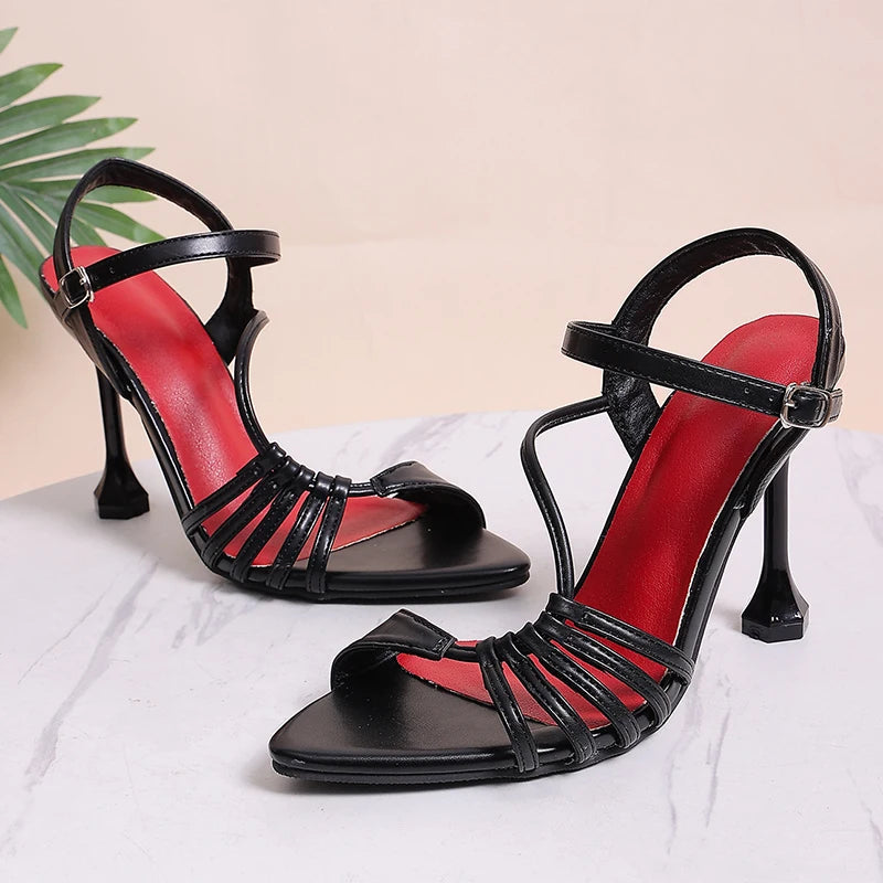 Ladies Pointed Toe Stiletto High Heel Sandals Plus Size 42 Ankle Buckle Gladiator Sandals Women Chic Woven Thin Heeled Sandalias