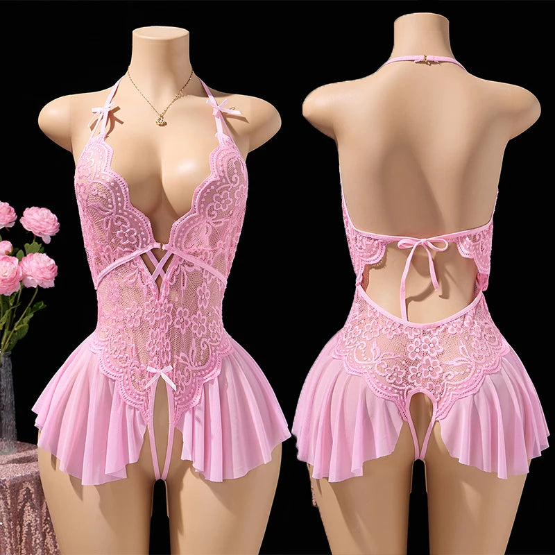 Pink Sexy Lingerie Women Hollow Open BodysuitAdult Apparel Teddy Crotchless Erotic Underwear One Piece V-neck Hot Lace Pajamas