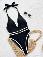 DEAK Sexy Deep V Pearl Neck One Piece Swimsuit Women Black Contrast Push Up Backless Slim Tummy Control Swimwear Beach Pool Bath