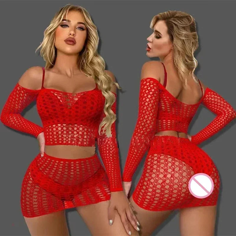 Mature and plus-size women's clothing, fishnet dress, sheer design, suitable for nightclub wear, and a sexy lingerie set.