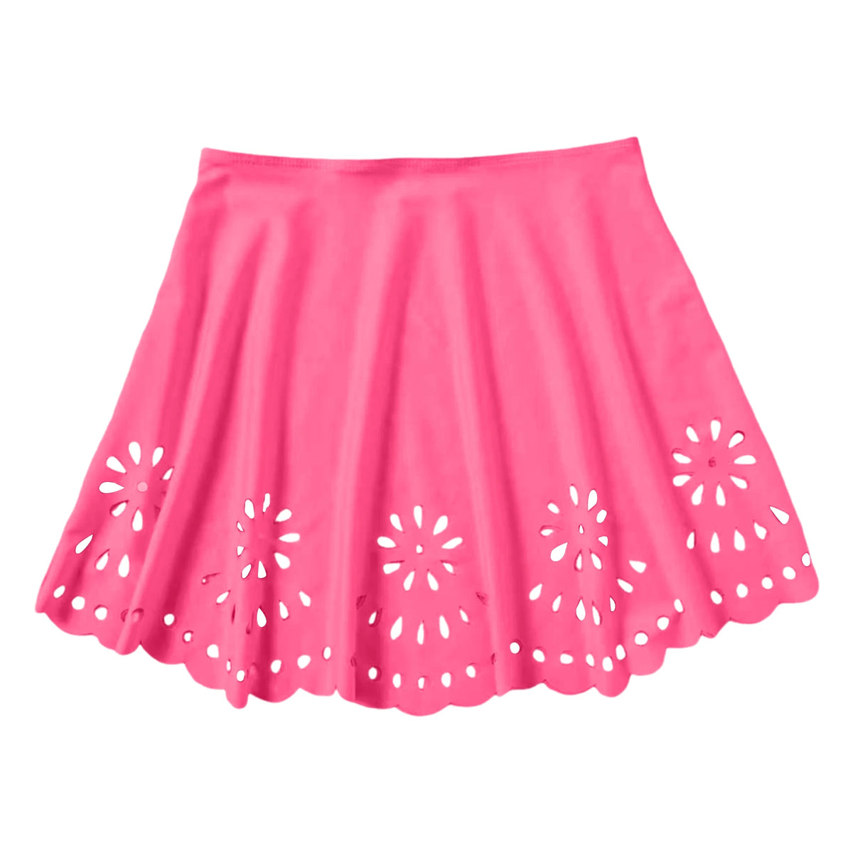 Women Solid High Waist Swim Skirts Hollow Out Floral Cutout Scalloped Hem A Line Bikini Cover Up Skirt Vacation Pool Beachwear