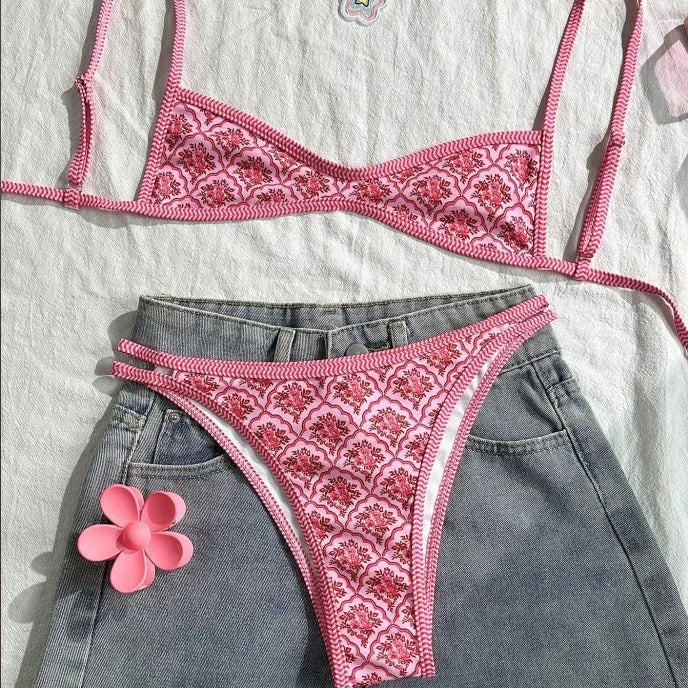 New Flowers Printed High Leg Cut Bikini Female Swimsuit Women Swimwear Two-Pieces Bikini Set Bather Bathing Suit Swim