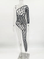 Toucheart Sexy Lingerie Women's Jumpsuit Shiny Diamond Fishing Net One-sleeved Leg Jumpsuit Sexy Hollow Out See-through Jumpsuit