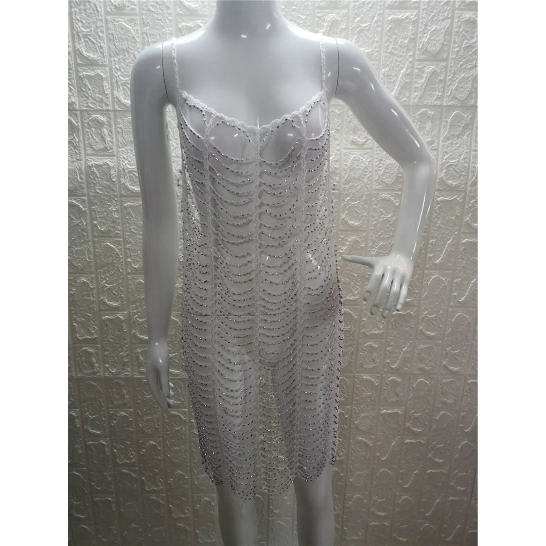 Luxury Bling Diamond Rhinestones Hollow Out Tunic Beach Cover Up Cover-ups Beach Dress Beach Wear Beachwear Female Women V4747SW