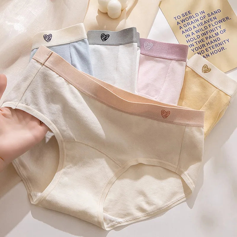 1 Pack Women's Heart Print Waistband Cotton Mid-Rise Panties Solid Color Briefs Stretch Daily Wear Lingerie M-XL Underwear