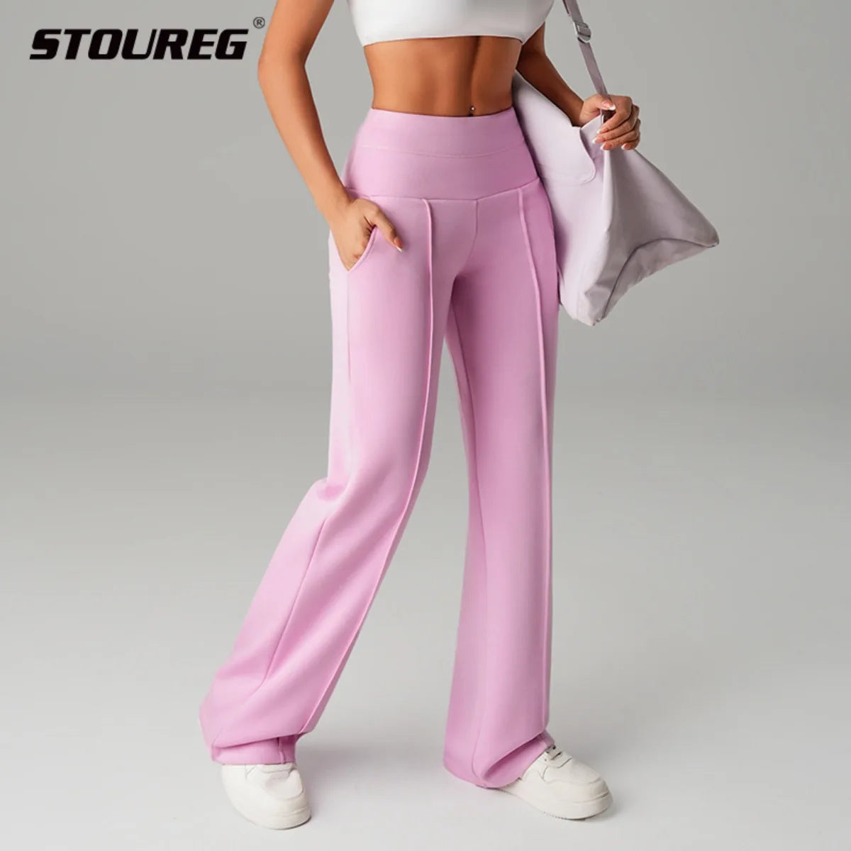 STOUREG High Waisted Yoga Pants for Women, Loose Wide Leg Workout Trousers with Pockets for Running and Outdoor Exercise