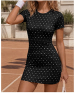 Retro Polka Dot Sports Tennis Dresses Women Quick Drying Round Neck Short Sleeve Back Hollow Cross Slim Yoga Golf Fitness Dress