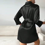 Women Satin Kimono Robe Black 3/4 Sleeve Open Front Bath Robe With Belt Ladies Nightgown Sleepwear Loungewear Home Dress