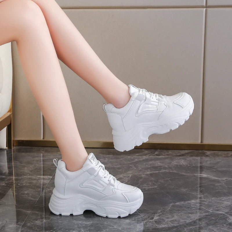 White Platform Women's Sneakers 2025 Autumn Lace-Up Thick Bottom Sports Shoes Woman Pu Leather Breathable Walking Shoes Female